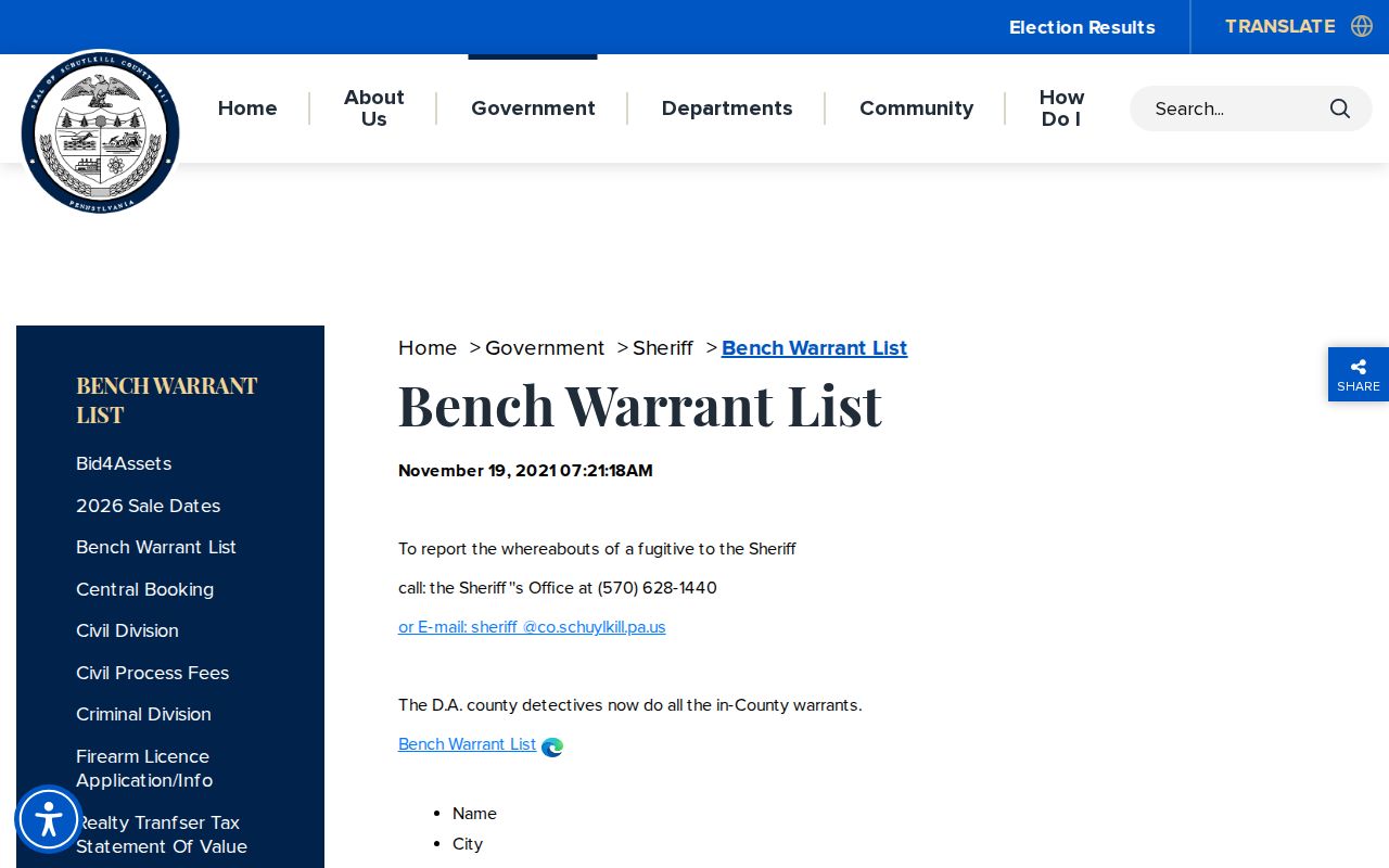 Schuylkill County bench warrant page used during an arrest lookup