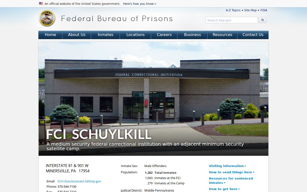 FCI Schuylkill federal facility information after an arrest lookup